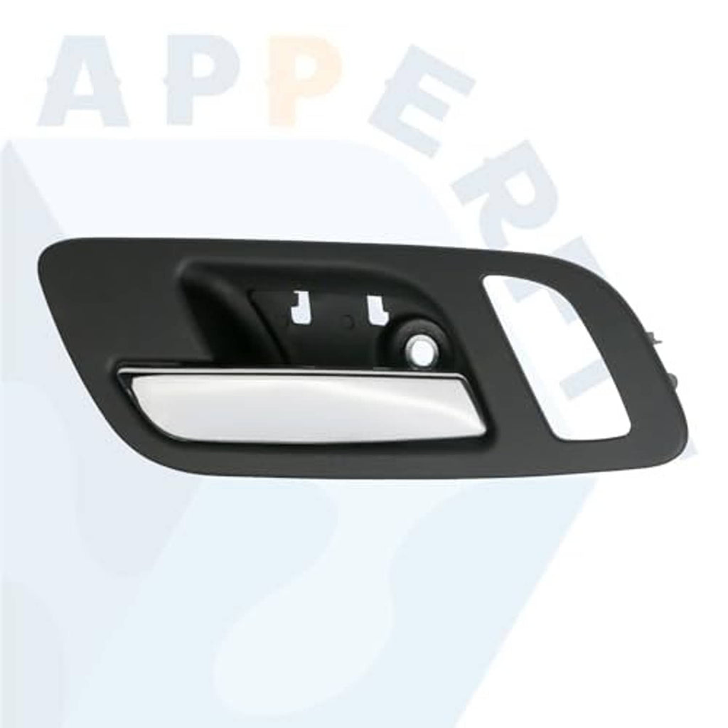 Black interior door handle trim with chrome pull bar and switch openings
