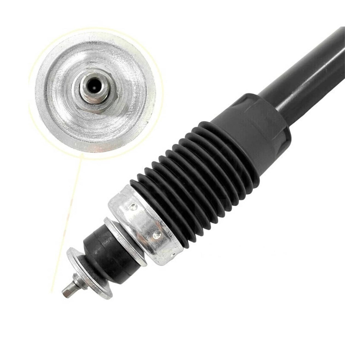 Magnetic shock absorber detail, rubber boot with silver spring seat and stud end