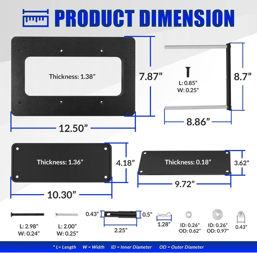 Black quick release bracket product dimensions layout with mounting plate