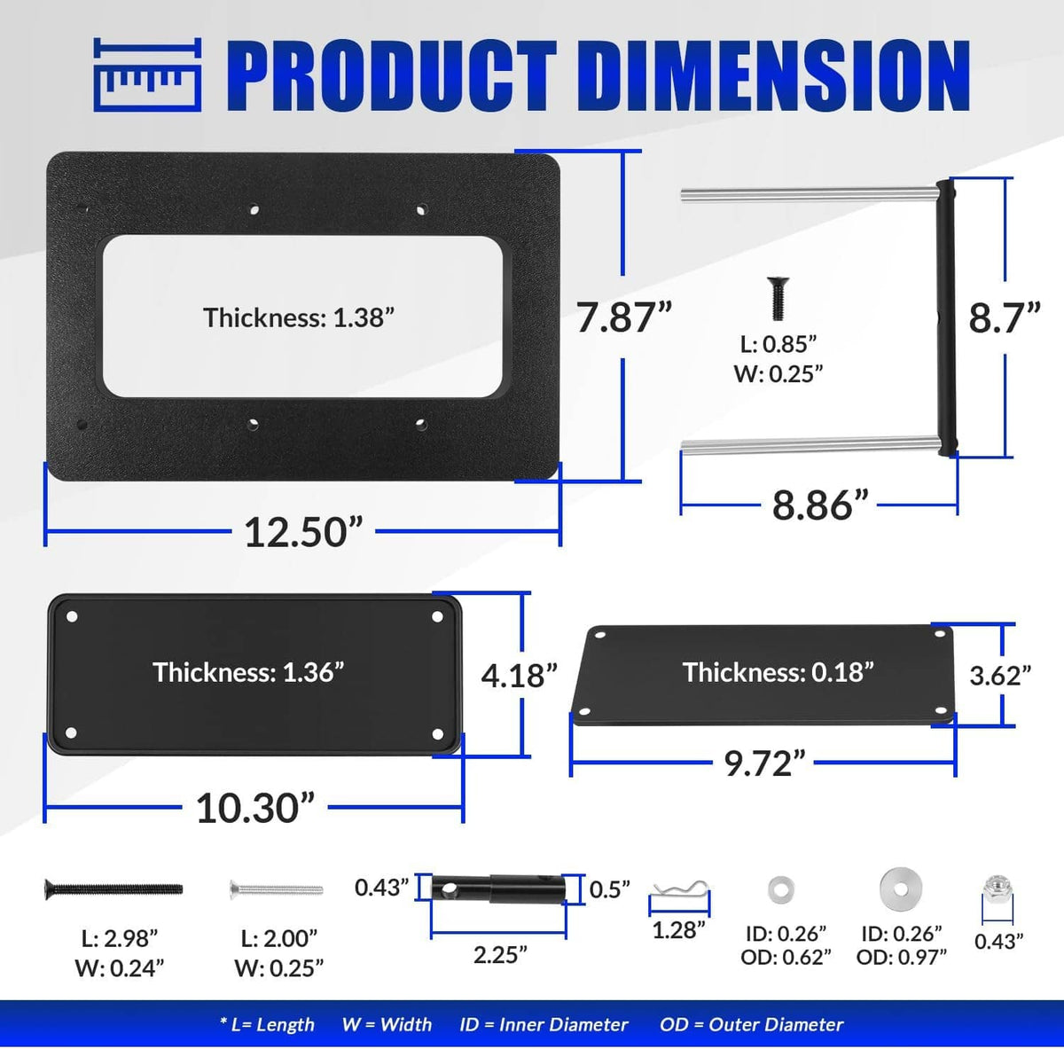 Black quick release bracket product dimensions layout with mounting plate