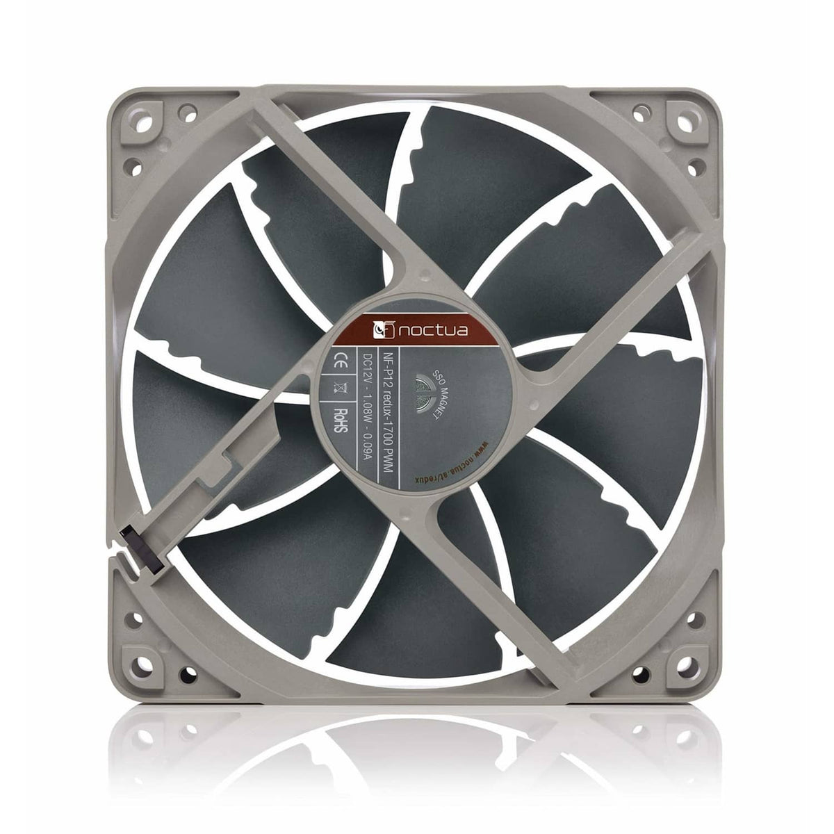 120mm PWM cooling fan with Noctua hub label, grey frame and black blades