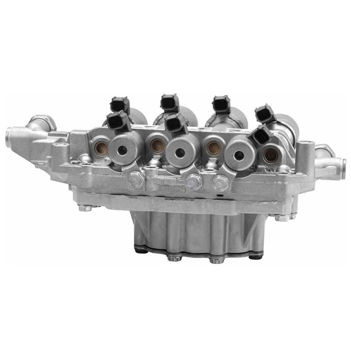 Vehicle valve body assembly side view with black electrical connectors and metal housing