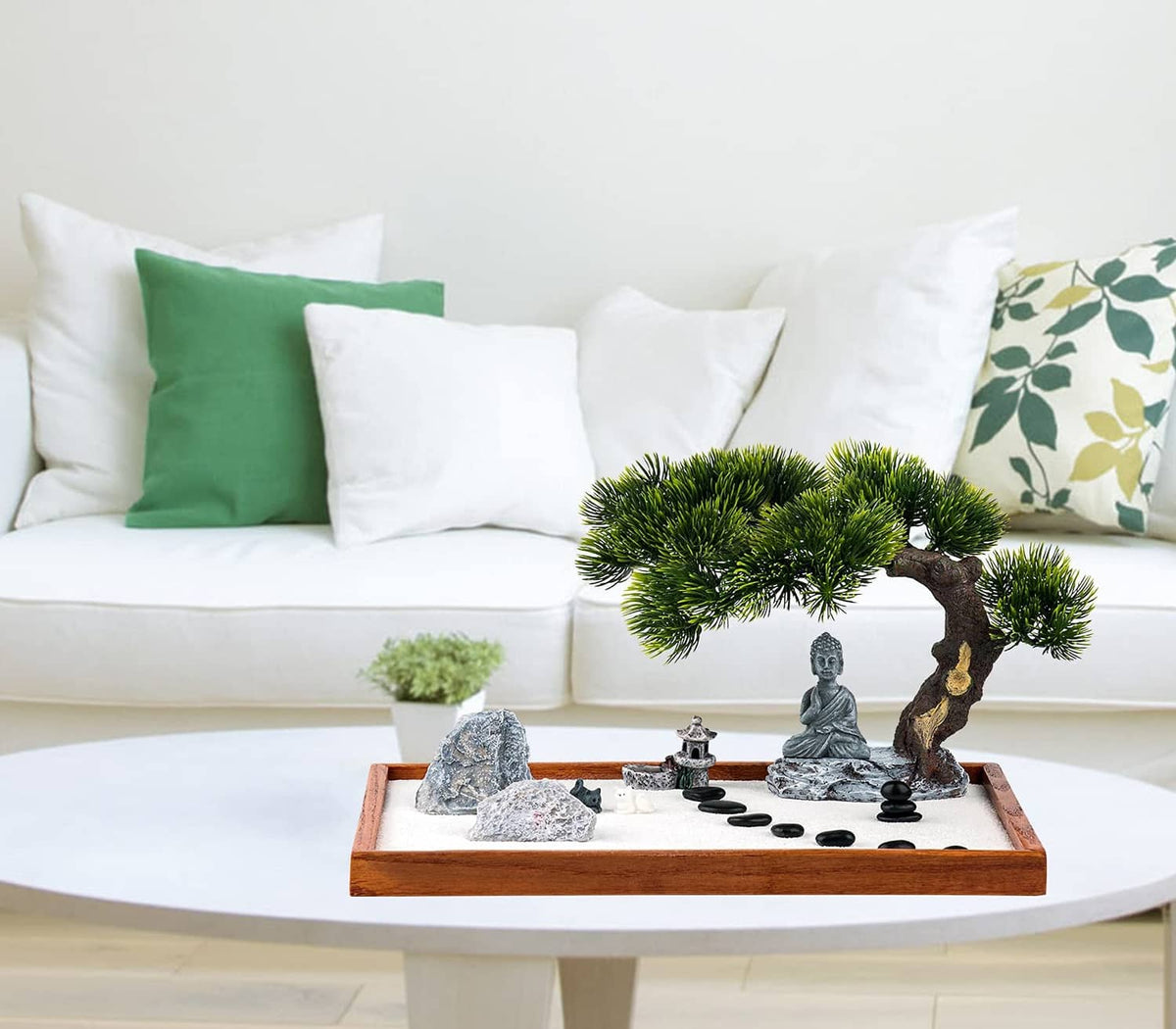 Mini zen garden kit desk tray featuring Buddha statue, rock pieces, pine tree, and black stones