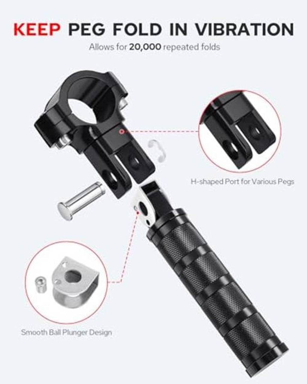 Black fold-in motorcycle foot peg with knurled grip and hinge pivot hardware