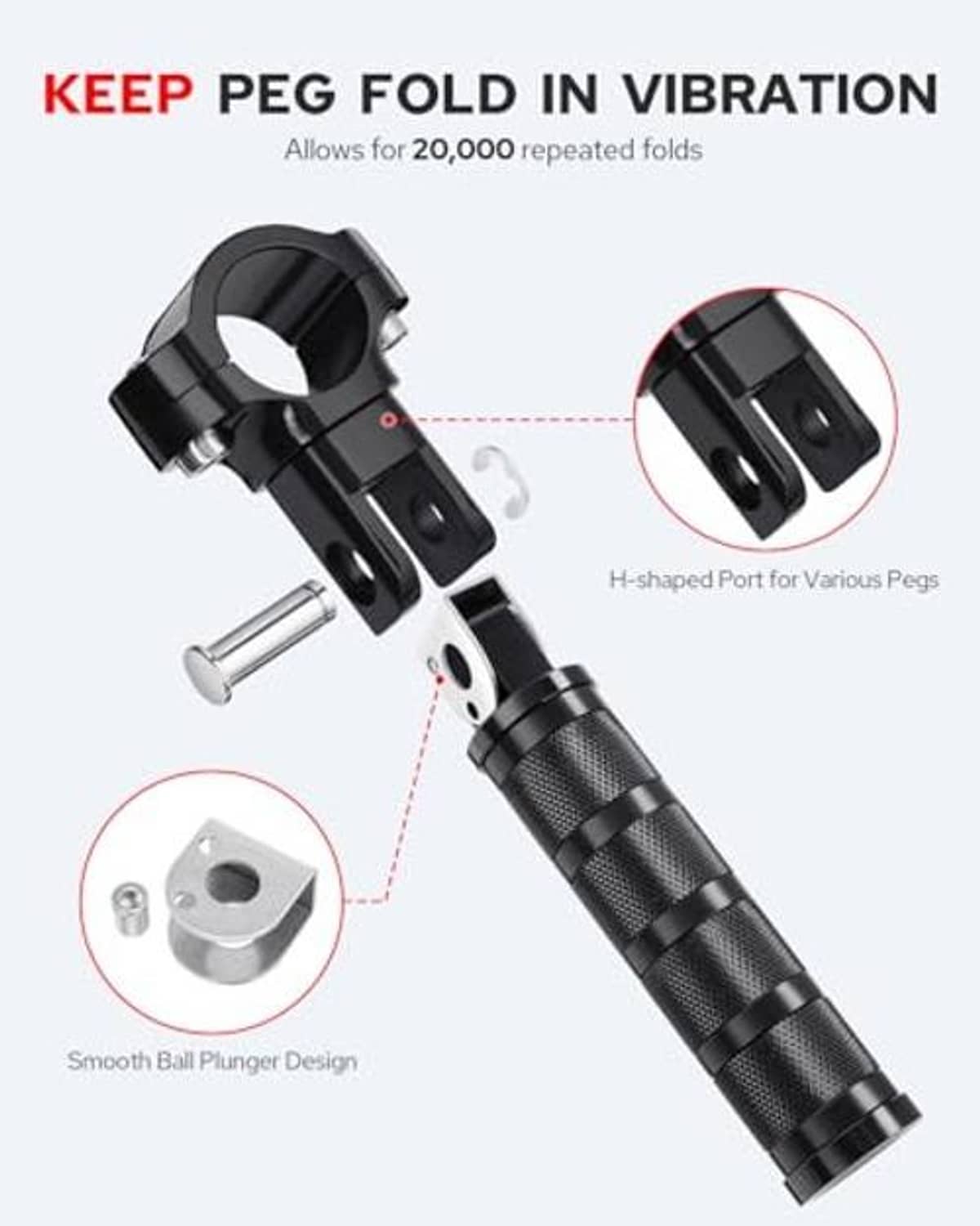 Black fold-in motorcycle foot peg with knurled grip and hinge pivot hardware