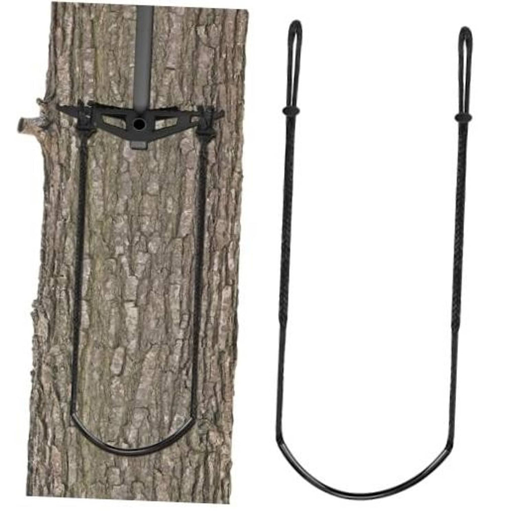 Black tree-mounted rope ladder aider with U-shaped loop and two upright straps