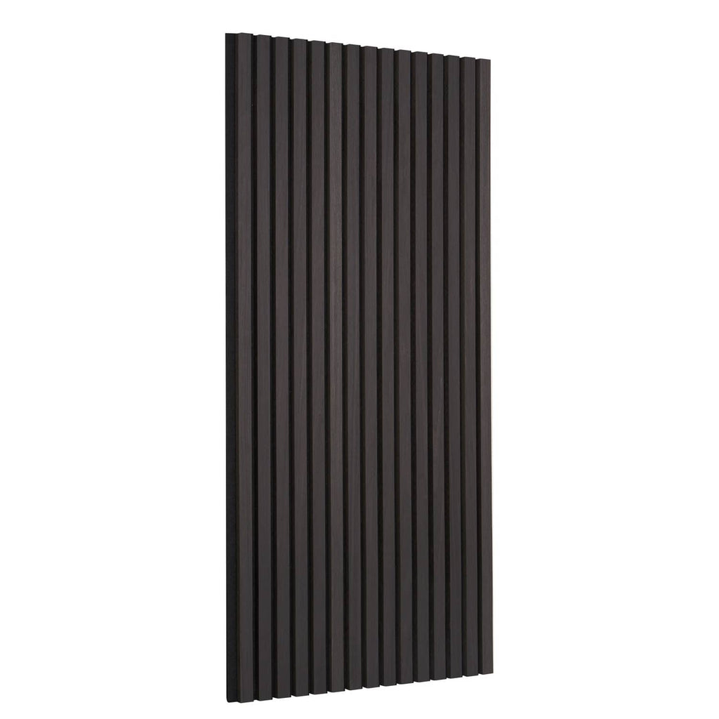 Wood slat acoustic panel with vertical dark bars, black oak finish, angled view