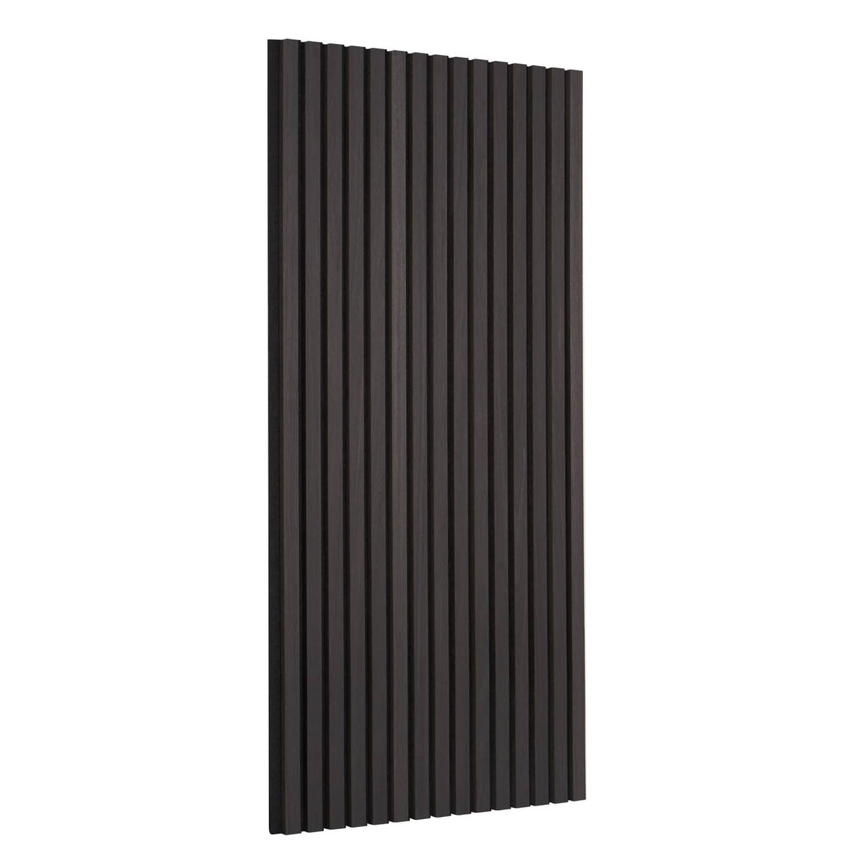 Wood slat acoustic panel with vertical dark bars, black oak finish, angled view