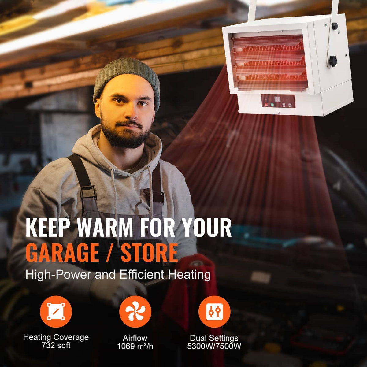 White electric garage heater with exposed heating unit and handheld remote