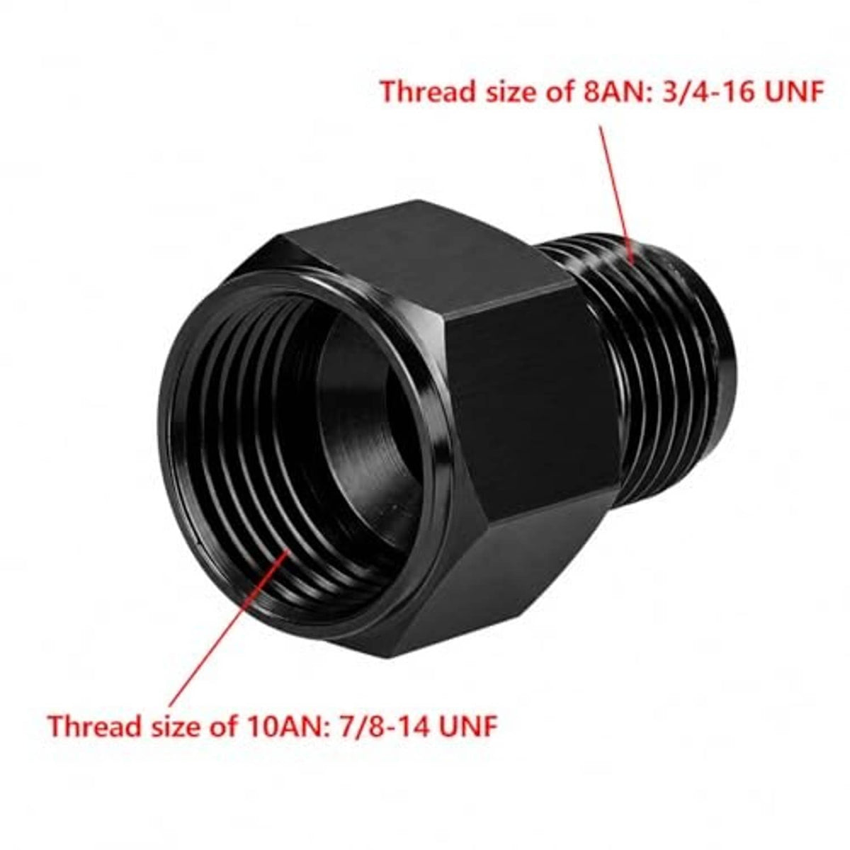 Black AN flare reducer adapter with UNF thread section and hex body