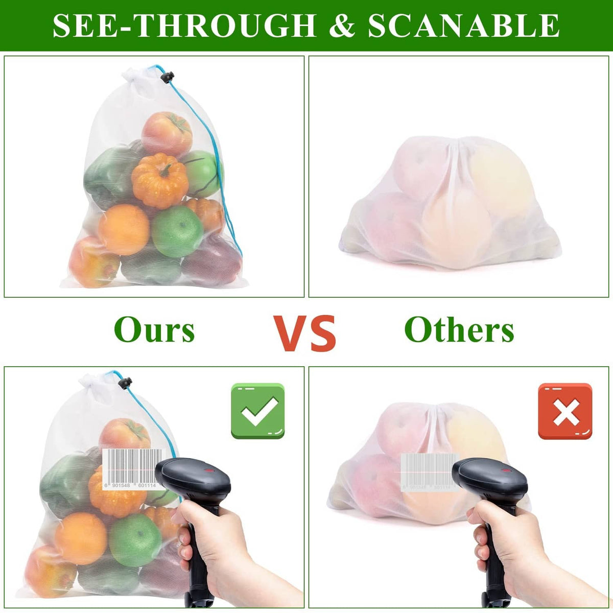 Clear white mesh produce bag with blue drawstring tie