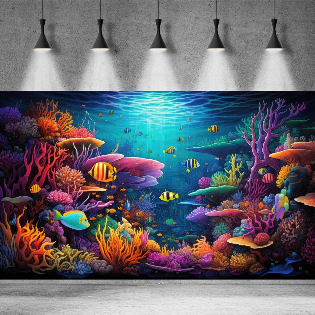 Underwater coral reef aquarium background mural with bright fish and orange-purple corals