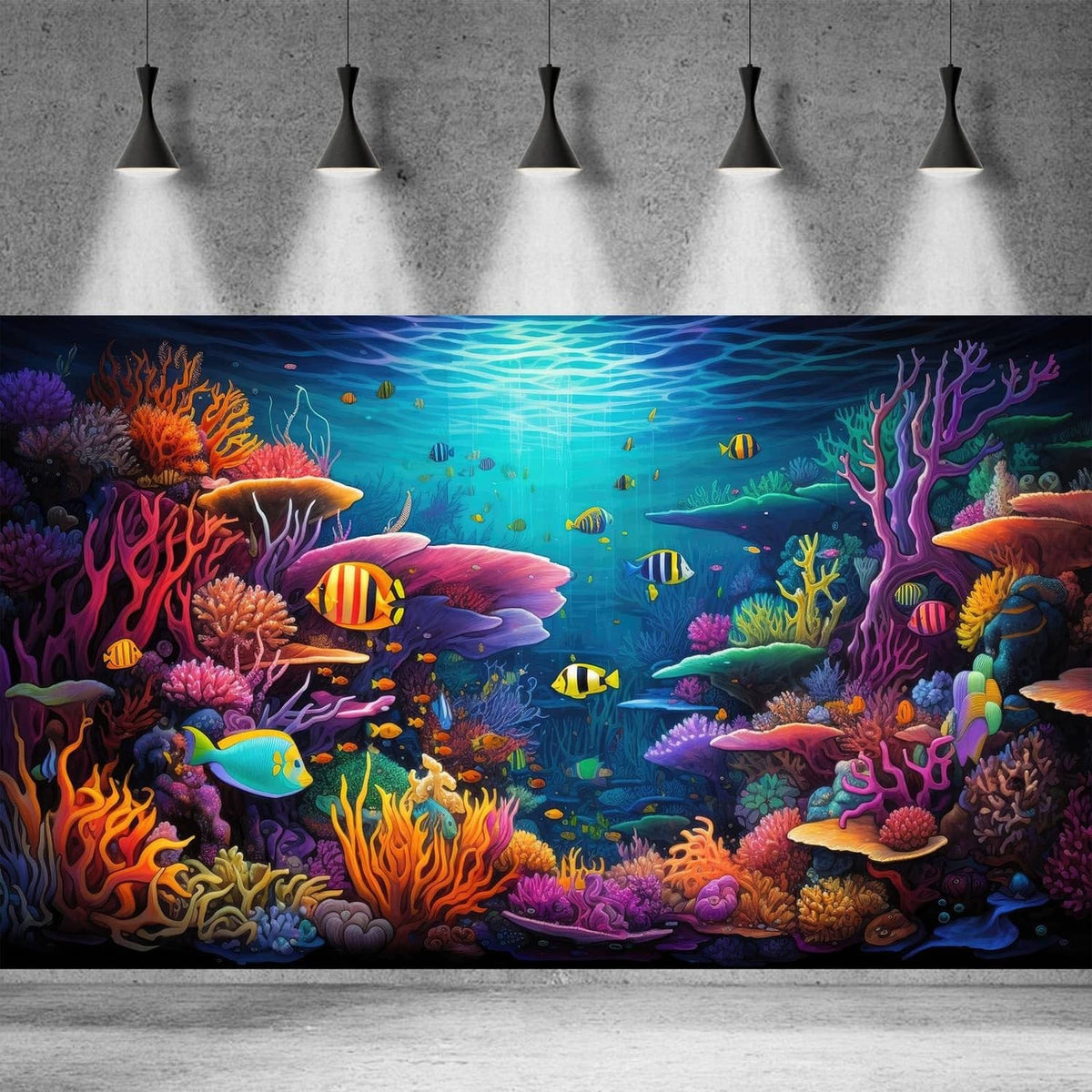 Underwater coral reef aquarium background mural with bright fish and orange-purple corals