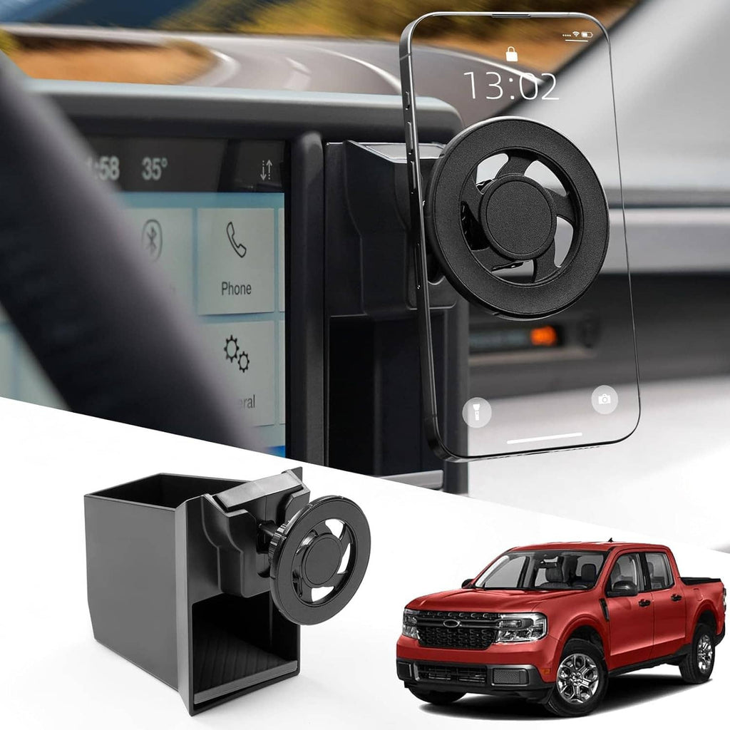 Magnetic phone holder cubby insert set with round magnet cradle and dash mounting base