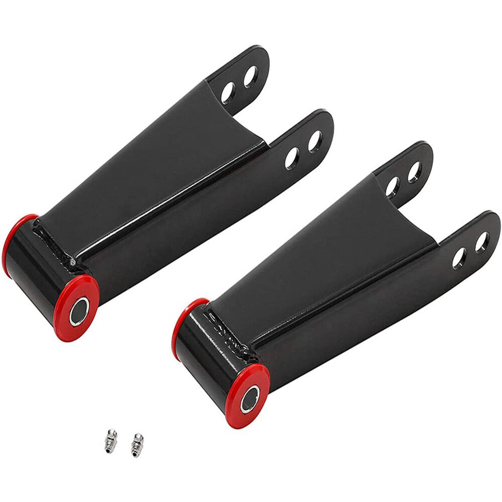 Three-piece view of black rear drop shackles with red bushings and mounting plates.