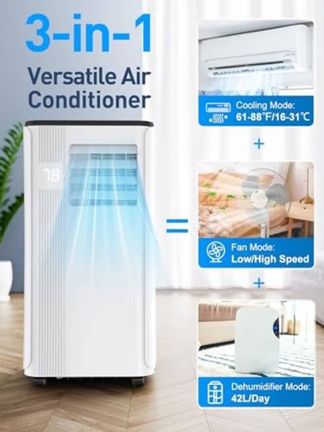 White portable air conditioner with front vent and control display
