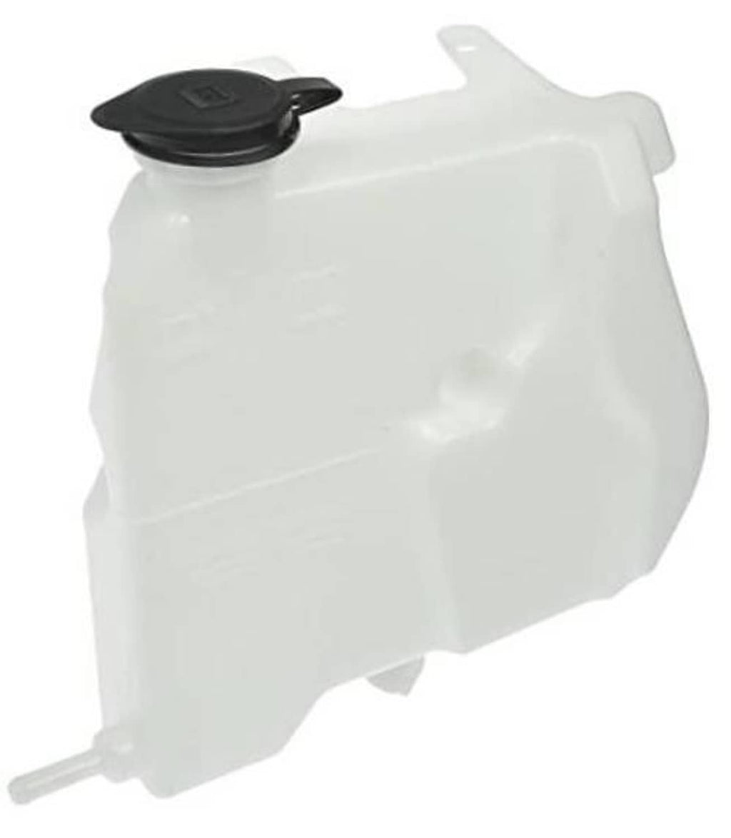 Non-pressurized coolant reservoir with black cap and white tank, side outlet tube