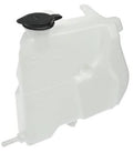 Non-pressurized coolant reservoir with black cap and white tank, side outlet tube