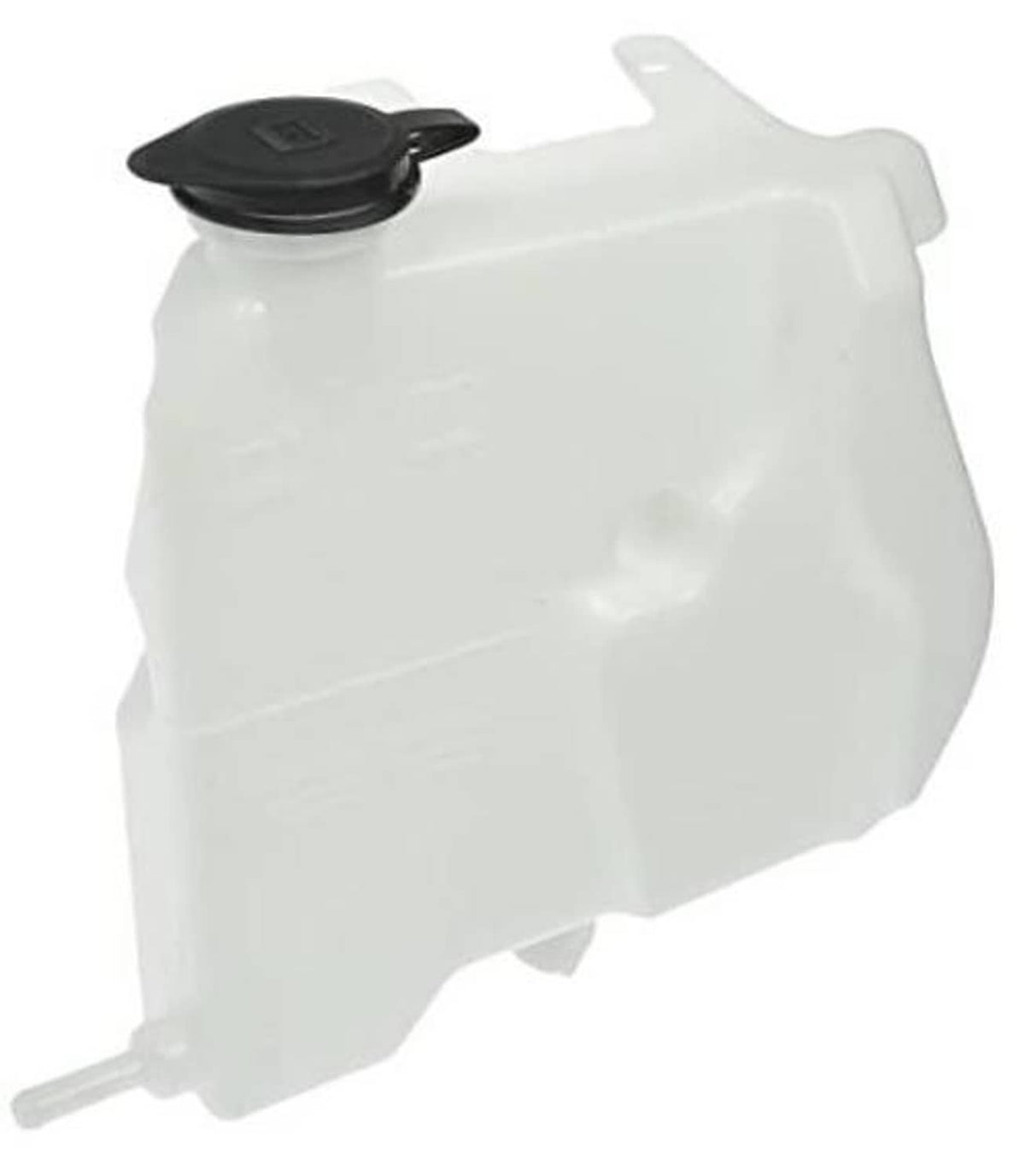 Non-pressurized coolant reservoir with black cap and white tank, side outlet tube
