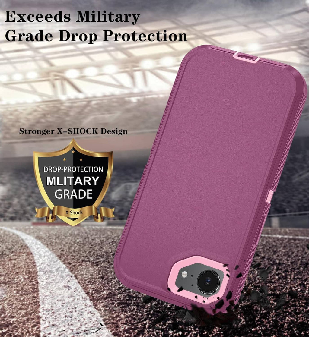 Purple rugged phone case with reinforced corners, angled view for drop protection.