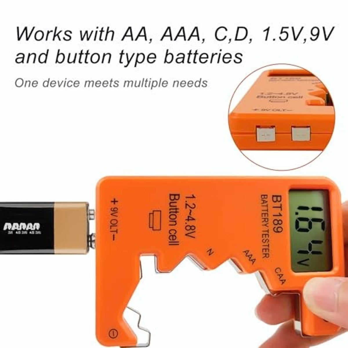 Orange battery tester with close-up of metal AA contact slots and coin cell