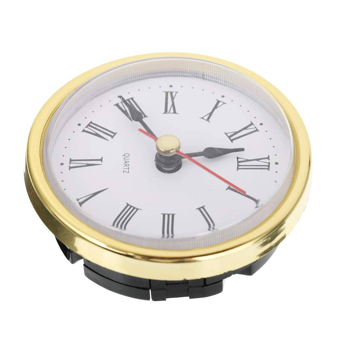 Gold round clock movement with Roman numeral dial and red second hand, close-up view