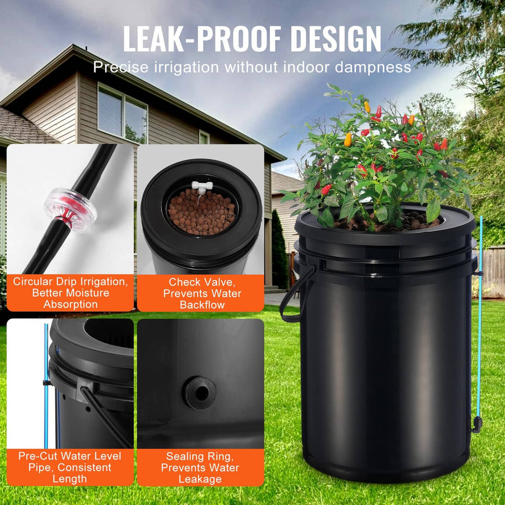 Black DWC hydroponic bucket with drip irrigation hoses and check valve