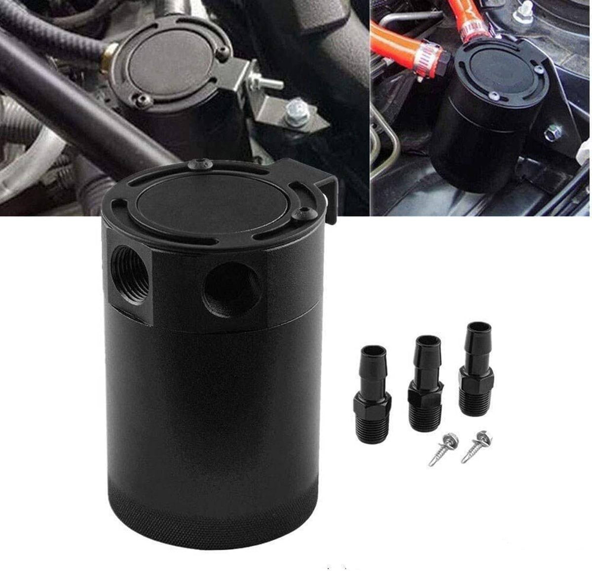 Black oil catch can with round top cap and three included hose fittings