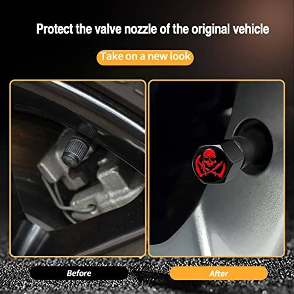 Black tire valve stem cap with red skull, covering a vehicle valve nozzle