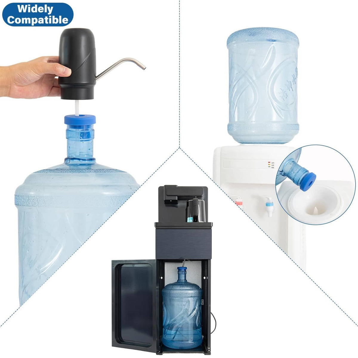 Blue reusable water jug caps (2-pack) shown installed and close-up