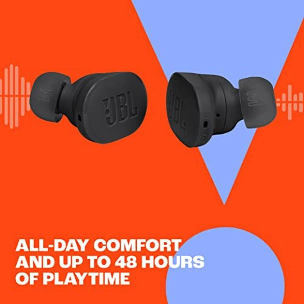 Pair of black JBL true wireless earbuds, left and right earbud shown.