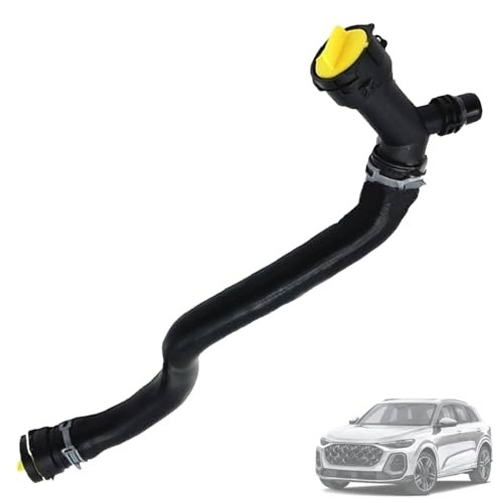 Black upper radiator coolant hose with yellow cap fitting and end coupler