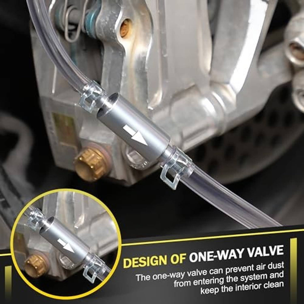One-way valve brake bleeder hose adapter with clamp and fittings on vehicle