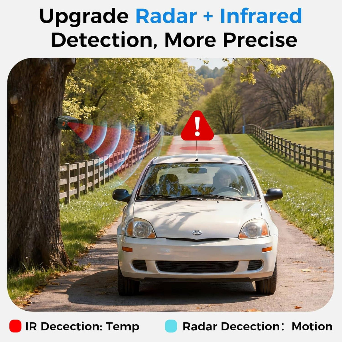 Radar and infrared driveway alarm sensor with motion alert arcs and warning icon