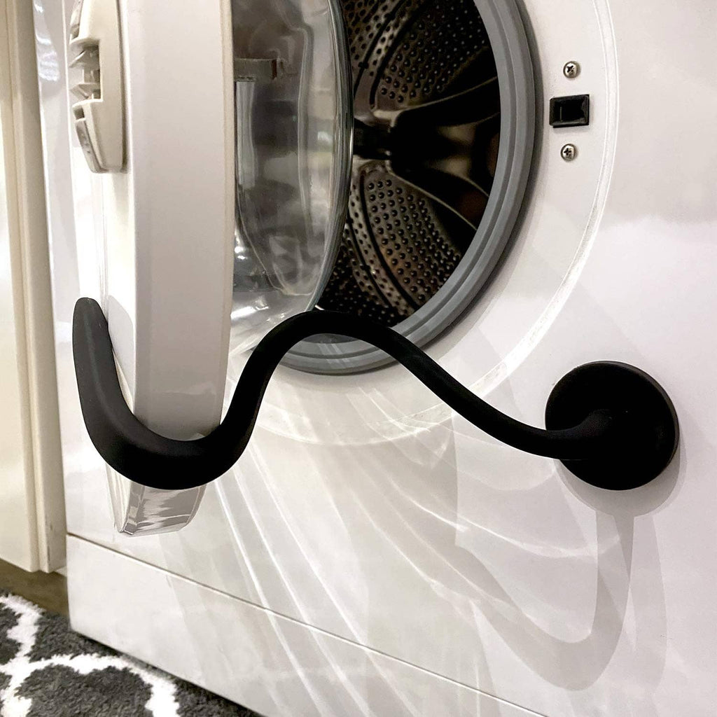 Black magnetic washer door prop with flexible round base for front load washers