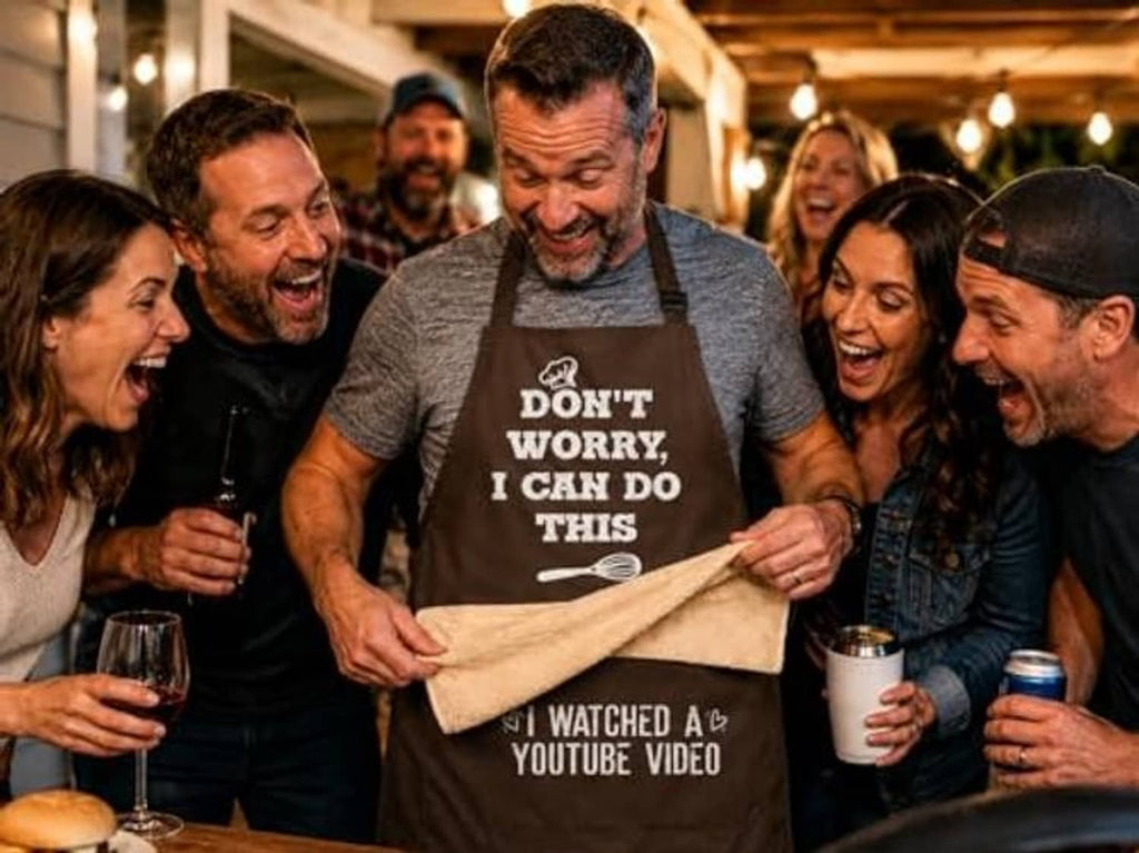 Man in grey shirt wearing dark brown apron with slogan and towel pocket