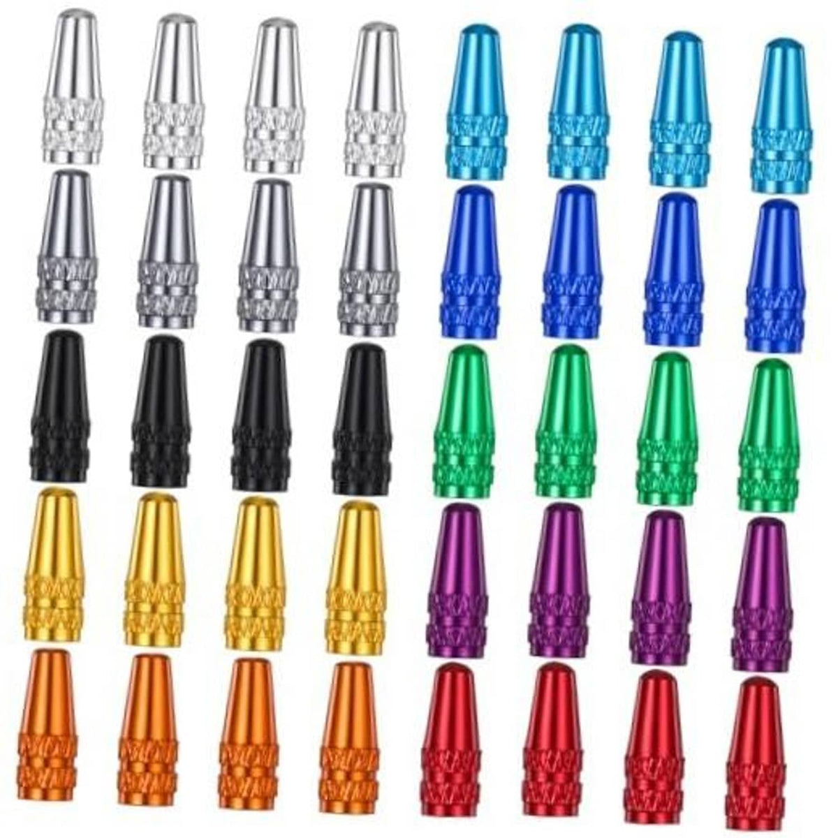 Aluminum Presta valve caps, assorted colors, textured knurl grip, set of 40