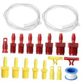 Clear brake bleeder kit hoses with red and yellow master cylinder fittings, clips, and PTFE tape