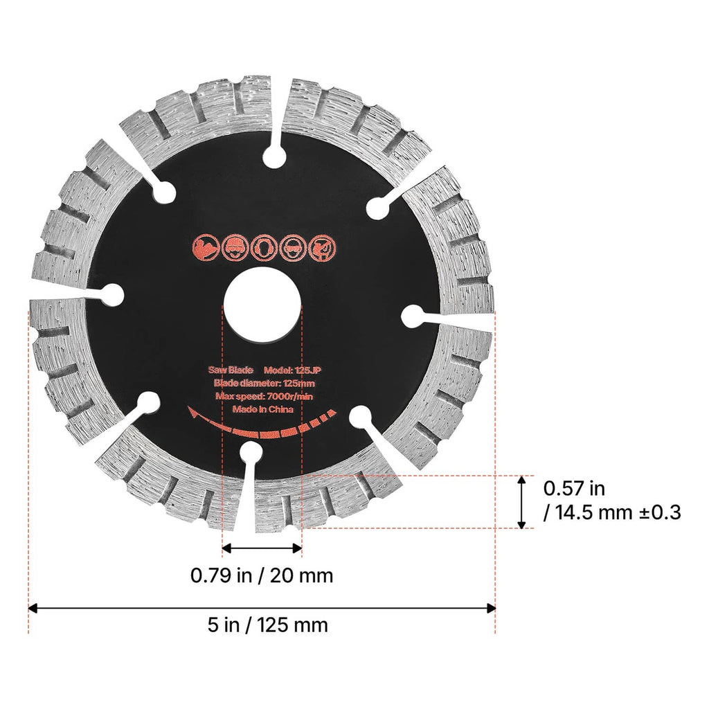 Black diamond wall chasing blade with silver segments shown with dimension lines