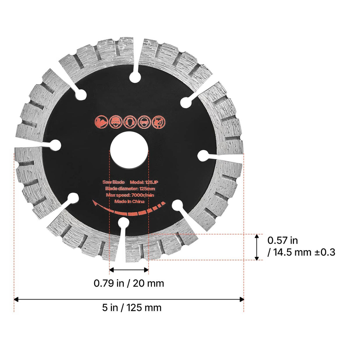 Black diamond wall chasing blade with silver segments shown with dimension lines