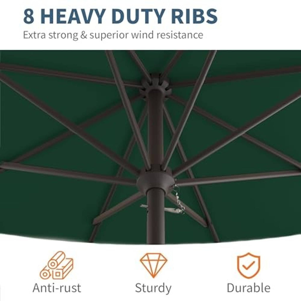 Dark green patio umbrella underside showing heavy-duty metal ribs and center hub