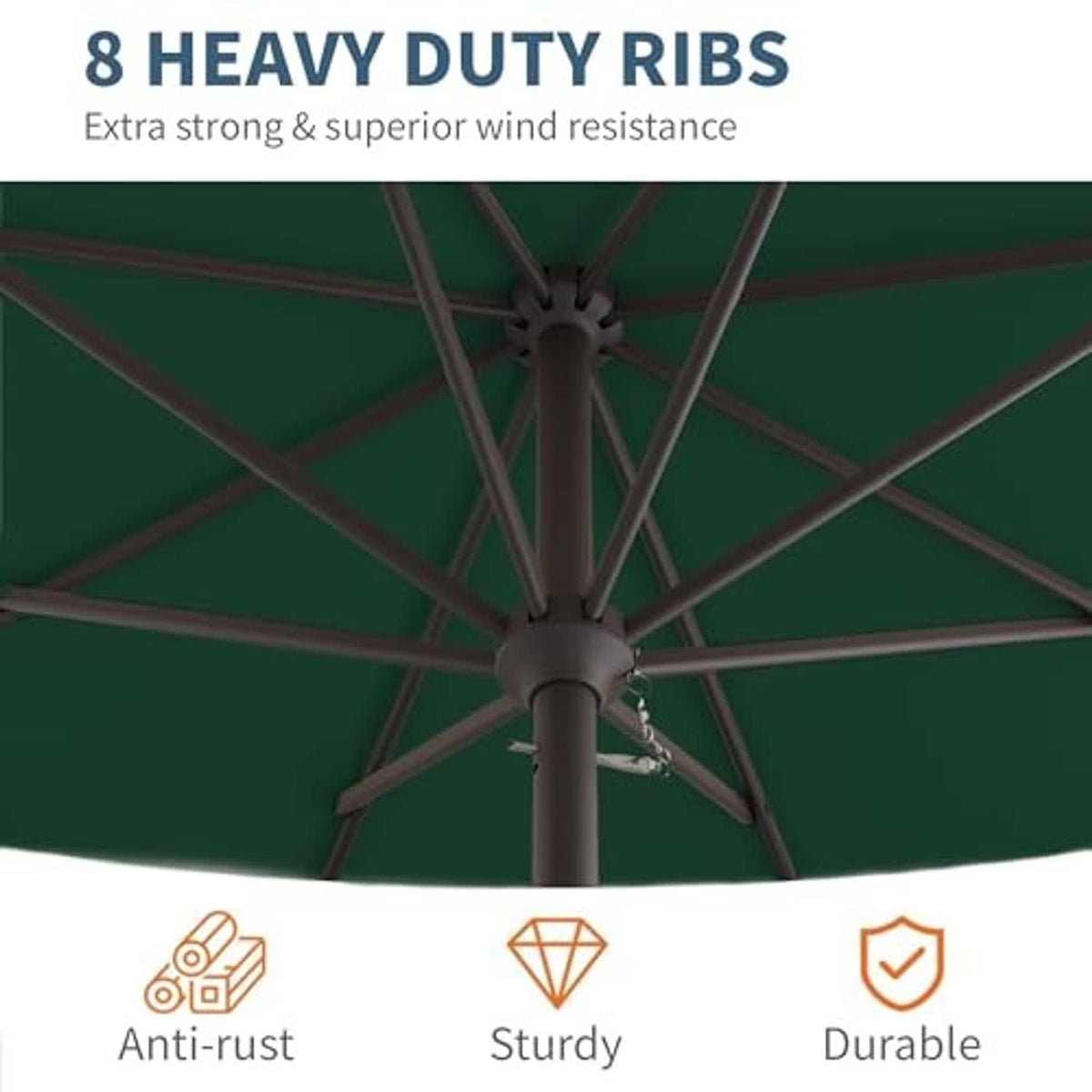 Dark green patio umbrella underside showing heavy-duty metal ribs and center hub