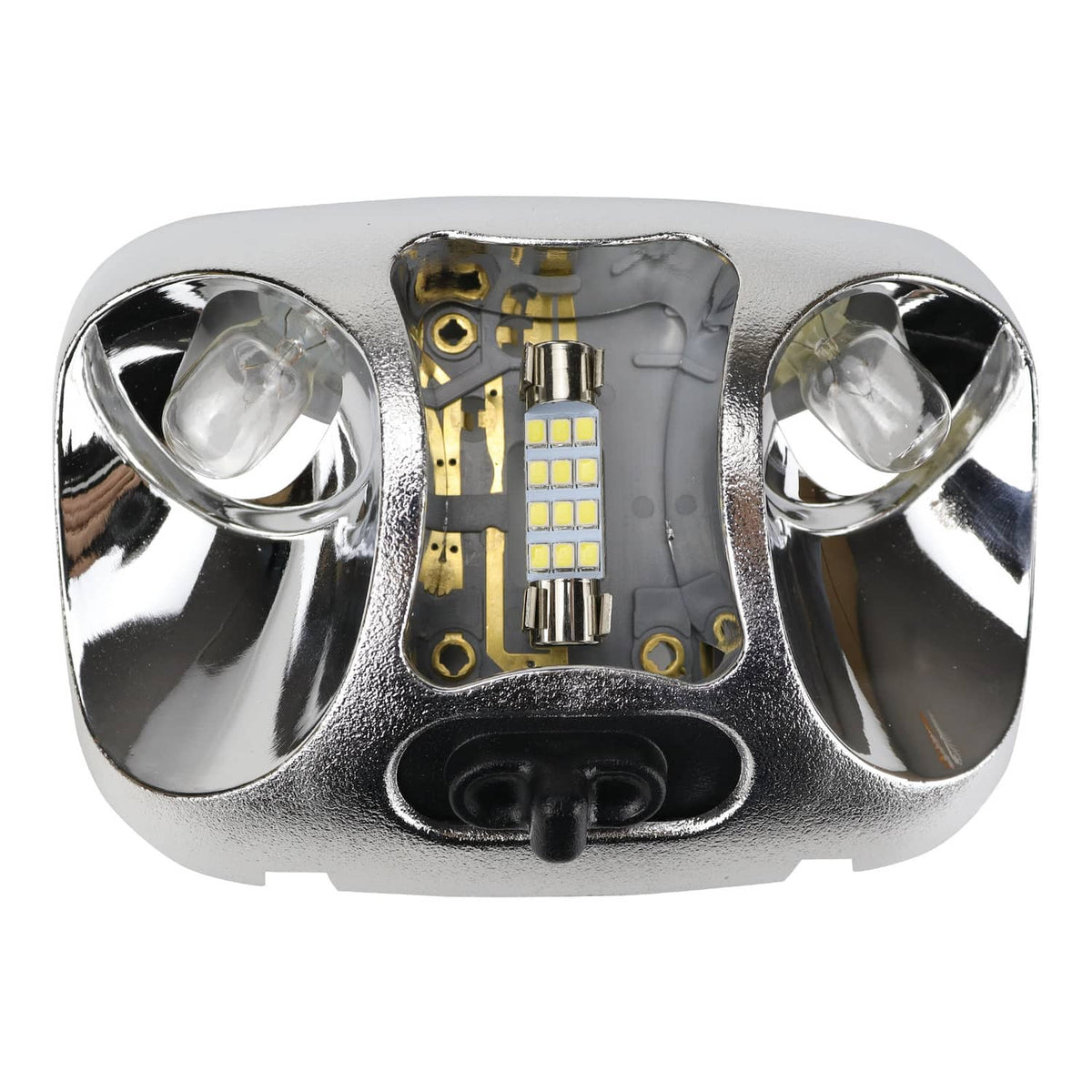 Close-up cab map LED lamp assembly with chrome surround, dual clear lenses, and LED array