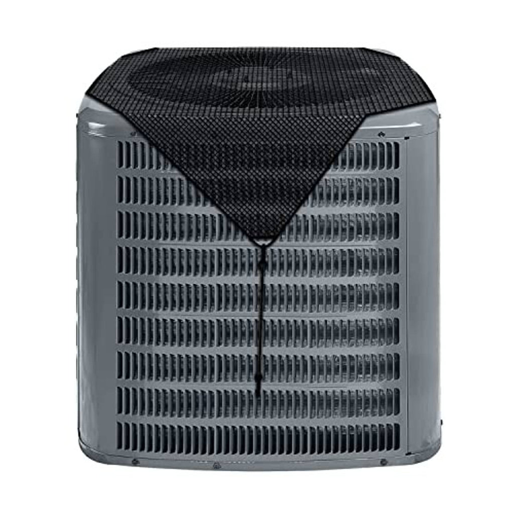 Outdoor AC unit cover with black mesh top over gray air conditioner