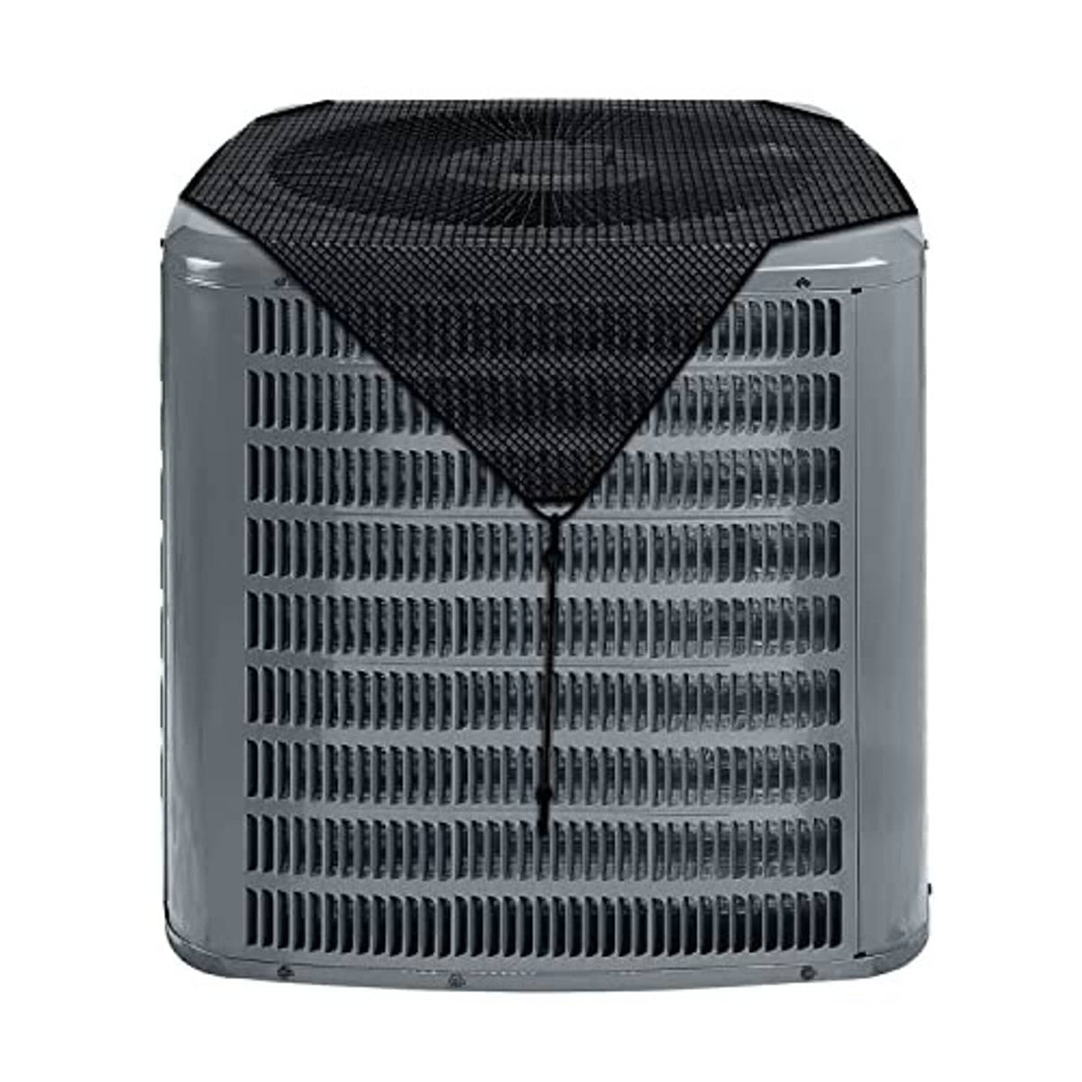 Outdoor AC unit cover with black mesh top over gray air conditioner