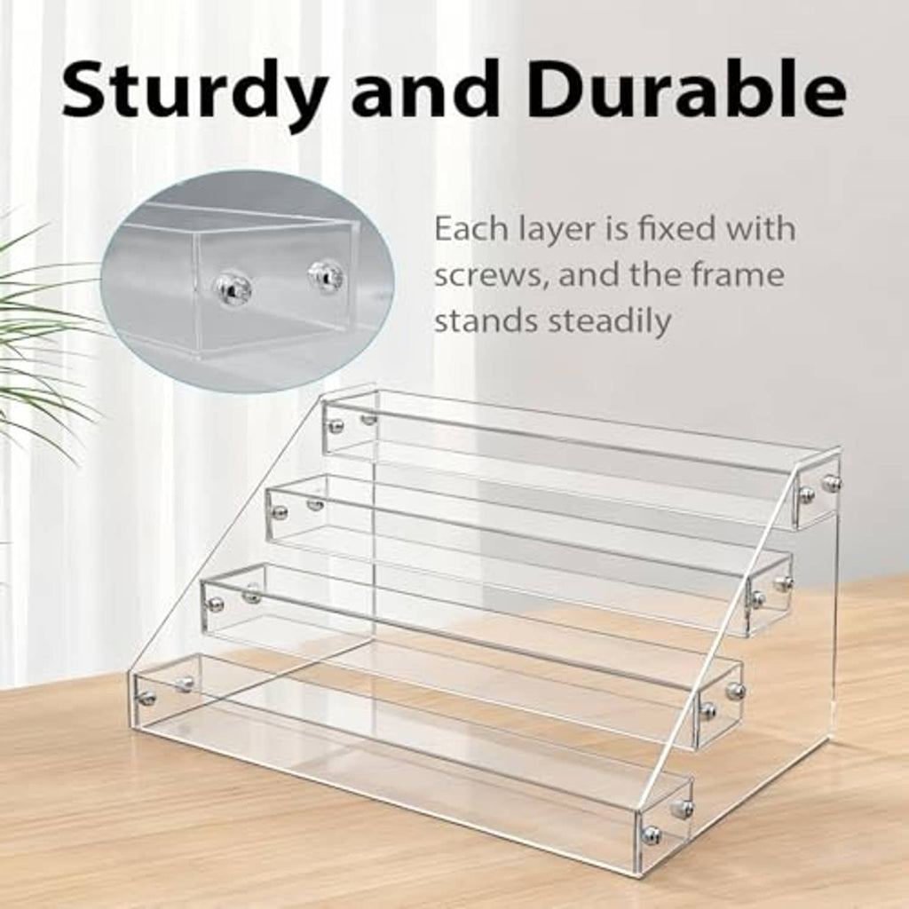 Clear acrylic 4-tier CD/DVD holder with metal corner brackets and screw-fixed tiers