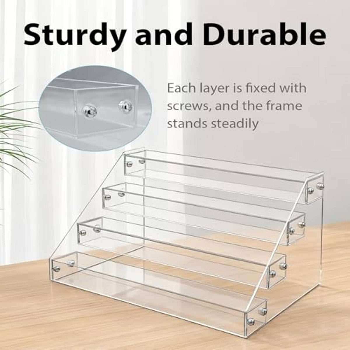 Clear acrylic 4-tier CD/DVD holder with metal corner brackets and screw-fixed tiers