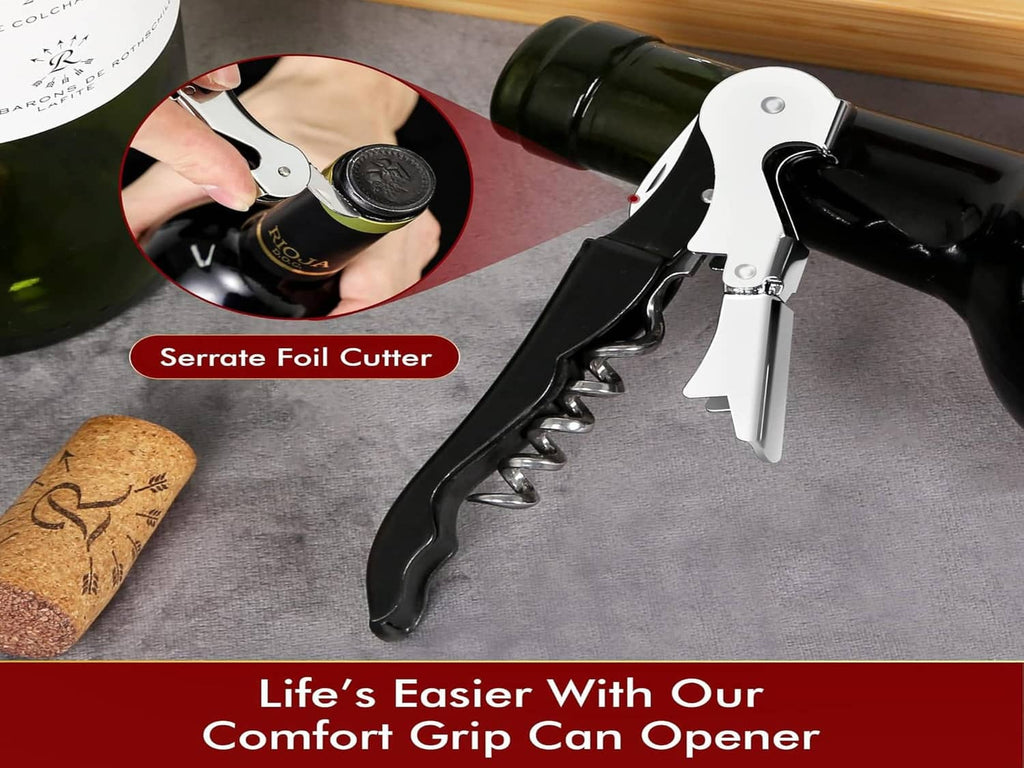 Black corkscrew with foil cutter and grip handle, for wine bottle and beer cap