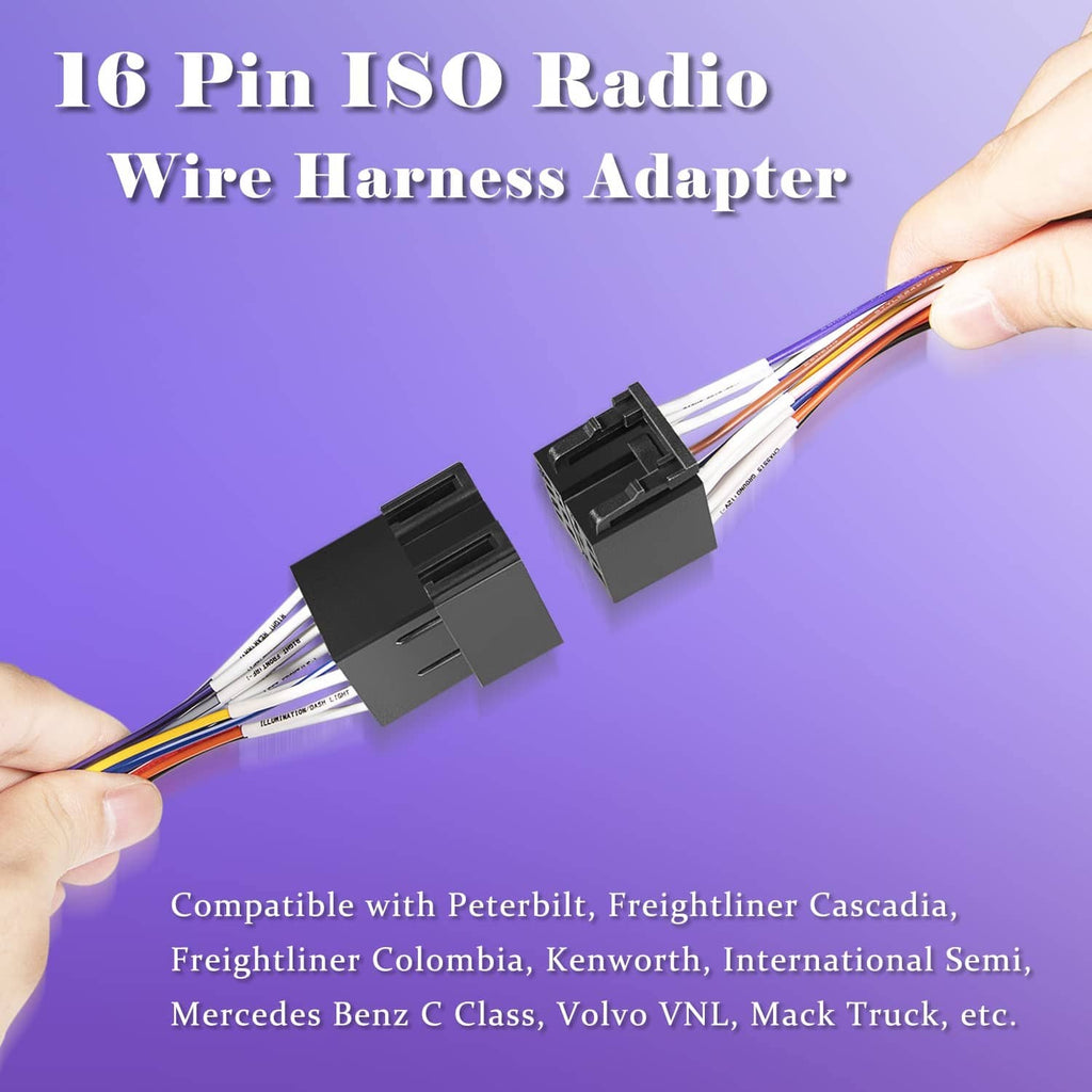 16-pin ISO radio wire harness adapter with two black plugs and multicolor wires