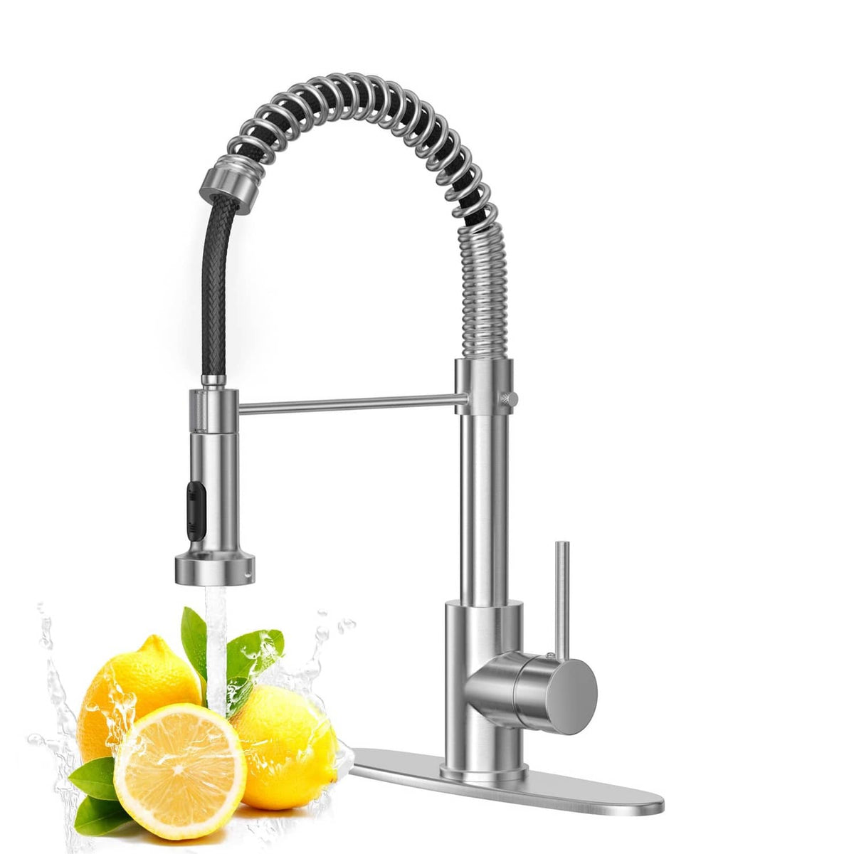 Brushed nickel kitchen faucet with pull-down sprayer and single-handle deck mount